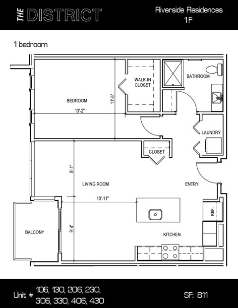 Floor plan for 1 bed, 1 bath, 811 sqft